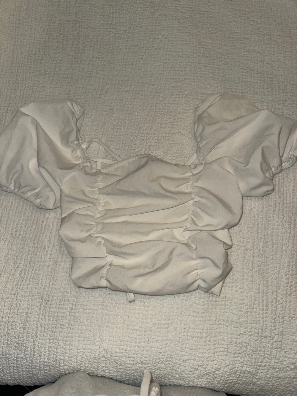 Women's White Ruched Puff Sleeve Crop Top